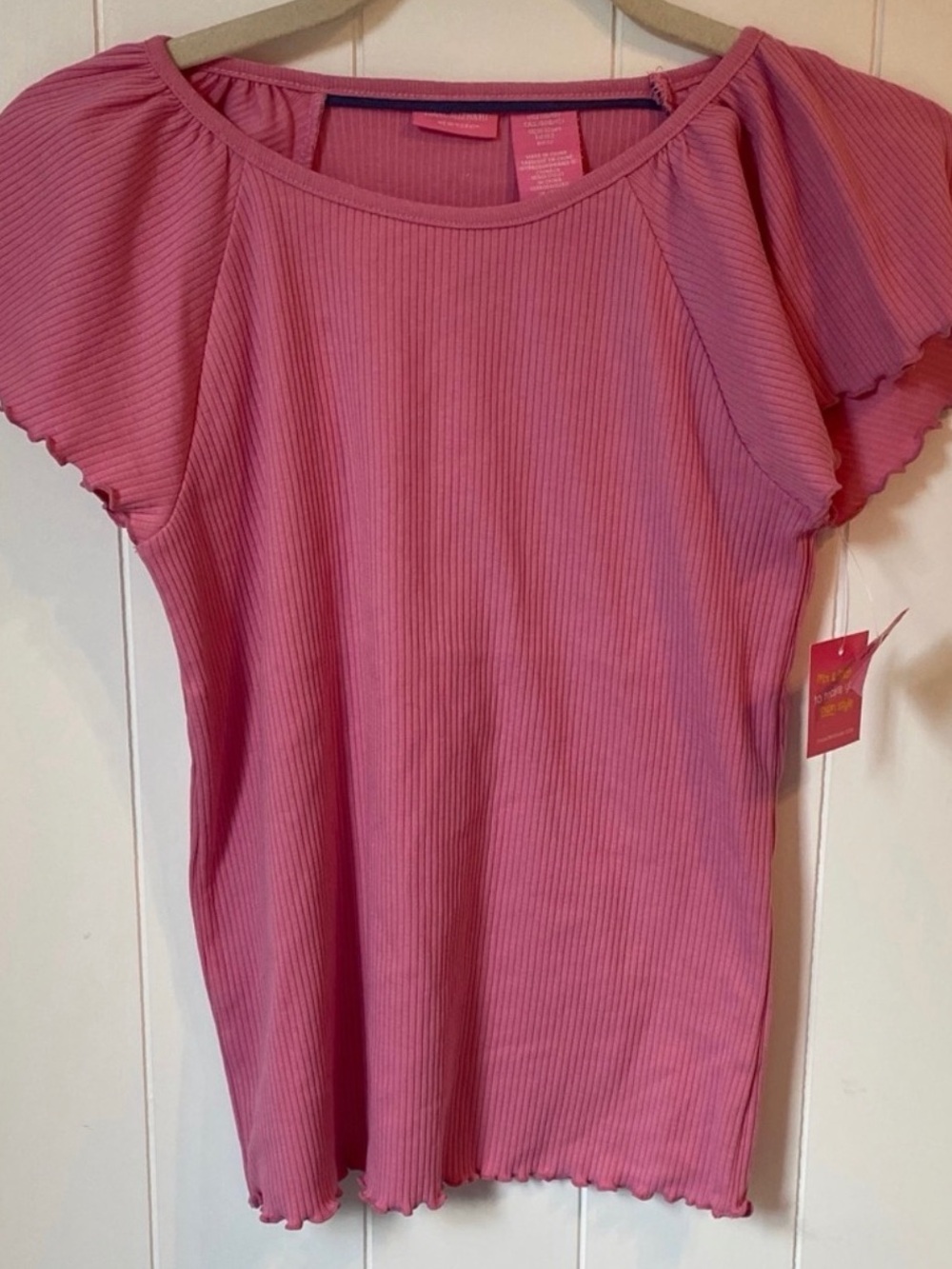 NWT Girls Pink Ribbed Flutter Sleeve Top Kids Size 10/12 Lettuce Hem Scoop Neck